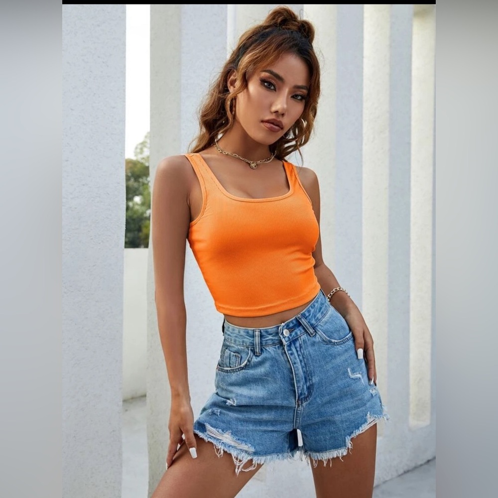 Orange Ribbed Knit Solid Tank Top - Picture 5 of 7